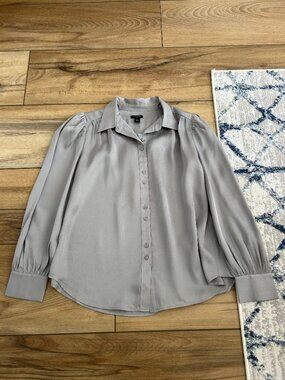 Ann Taylor Gray Satin Chiffon Button Up Blouse